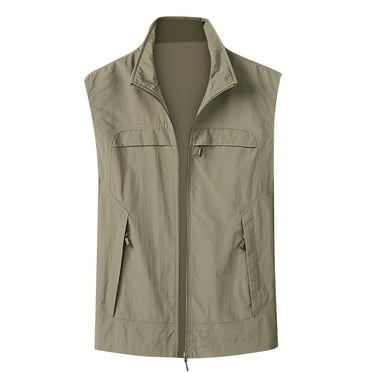 Fauean Fishing Vests for Men Slim Light Sleeveless Jacket for Travel with Zipper Pocket Khaki Size XL