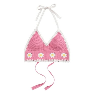 Fauean Halter Bikini Tops Women's Fashion V Neck Flower Printed Beachwear Summer Clothes Pink One Size
