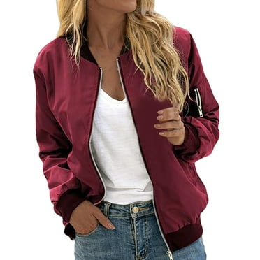 Fauean Jackets for Women Fashion Long Sleeve Light Coat with Pockets Versatile Daily Wear Red Size M