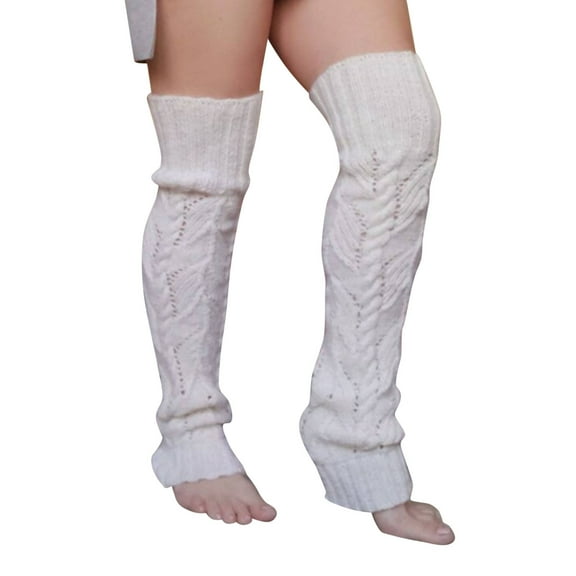 Fauean Leg Warmers for Women Knitted Over the Knee Socks Breathable Thigh High Stockings White One Size