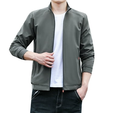 Fauean Men Casual Jacket Long Sleeve Autumn Stand Neck Top Lightweight Coat with Pockets Grey Size L