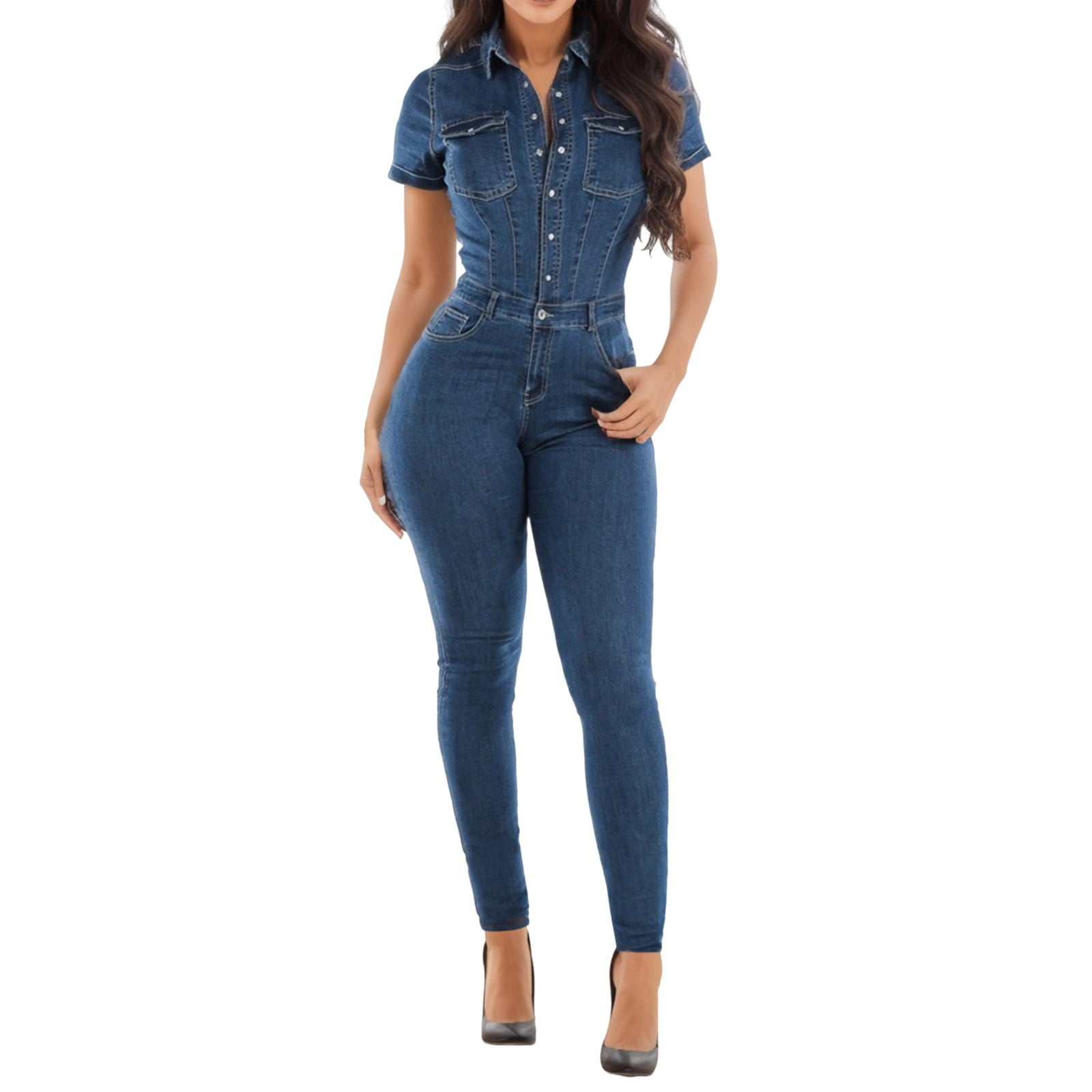 Fauean Rompers for Women Button Down Slim Fit Lapel Full length Jeans ...