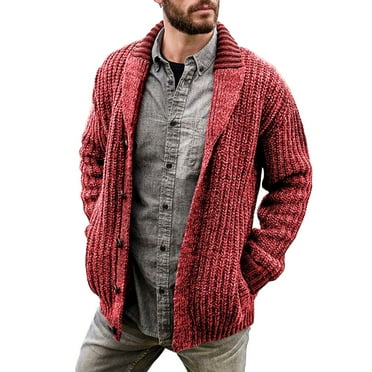 Fauean Sweaters Mens Fashion Knit Cardigan Simple Loose Fit Long Sleeve Coat with Pockets Red Size S