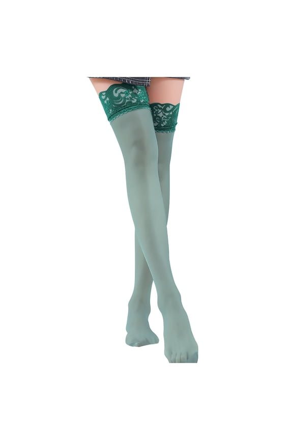 Thigh High Stockings Women Lace Top Long Socks Lightweight and Breathable Pantyhose Dark Green One Size