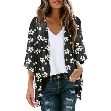 Fauean Women's Cardigans Floral Print Puff Sleeve Chiffon Lightweight Front Casual Cardigan Black Size XL