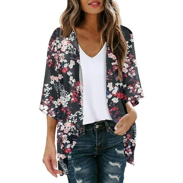 Fauean Women's Cardigans Floral Print Puff Sleeve Chiffon Lightweight Front Casual Cardigan Hot Pink Size S