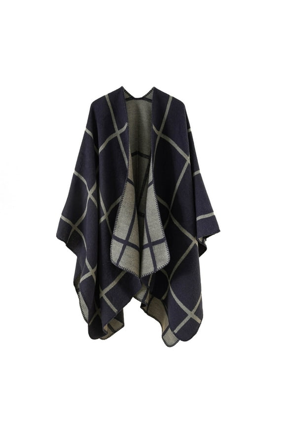 Women's Shawl Wraps Color Block Tops Autumn Winter Windproof Cloak Elegant Cardigan Navy One Size