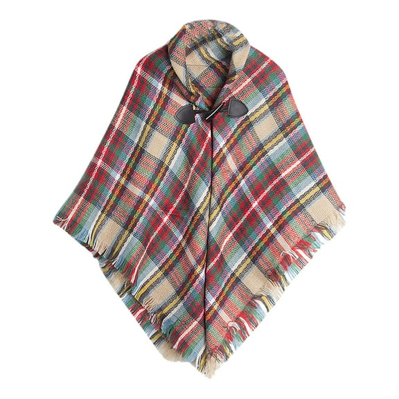 Fauean Women's Shawl Wraps Fall Knitted Pullover Sweaters Ladies Plaid Cape with Tassel Hem Khaki Size A