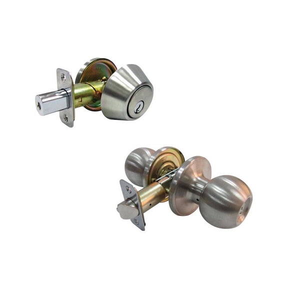 Faultless Ball Satin Stainless Steel Entry Knob and Single Cylinder Deadbolt Right Handed