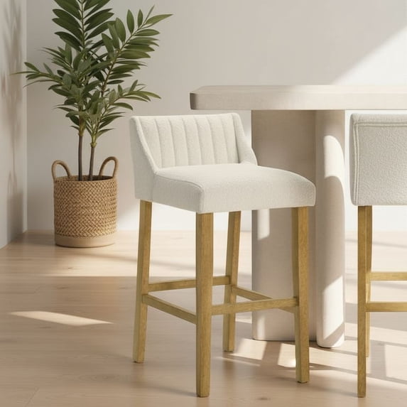 Fauna Modern Transitional Wood Bar Height Kitchen Bar Stool in Amber Glow Finish with White Boucle Fabric Upholstered Seat - Set of 4