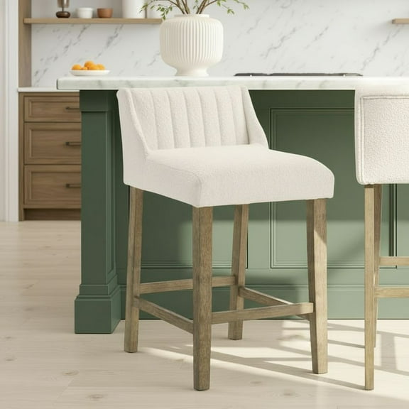 Fauna Modern Transitional Wood Counter Height Kitchen Bar Stool in Putty Brown Finish with White Boucle Fabric Upholstered Seat