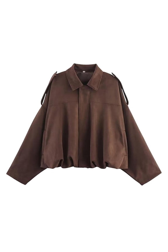 Faux Suede Jackets for Women Casual Zip Up Batwing Long Sleeve Coats Oversized Lapel Pleated Hem Jacket Fall Fashion Tops