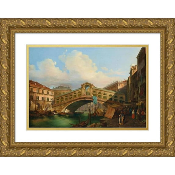 Fausto Antonioli 24x18 Gold Ornate Framed and Double Matted Museum Art Print Titled - Venice, a View of the Grand Canal with Rialto Bridge (1846)
