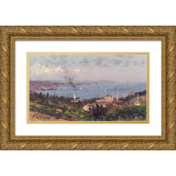 Fausto Zonaro 24x16 Gold Ornate Framed and Double Matted Museum Art Print Titled - View of Nisantasi with the Dolmabahce Mosque, Constantinople