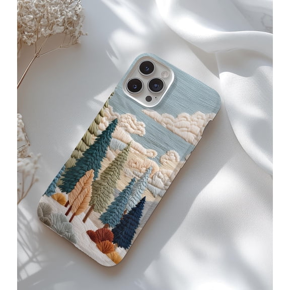 Faux 3D Embroidered Forest Phone Case Trees Landscape Cozy Winter iPhone 17 to 11 Pro Max