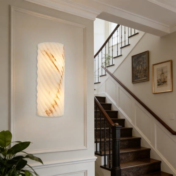 Faux Alabaster and Brass Sconce with Two Lights 15" Tall Vertical Fixture for Bathroom, Living Room, Hallway, Entryway