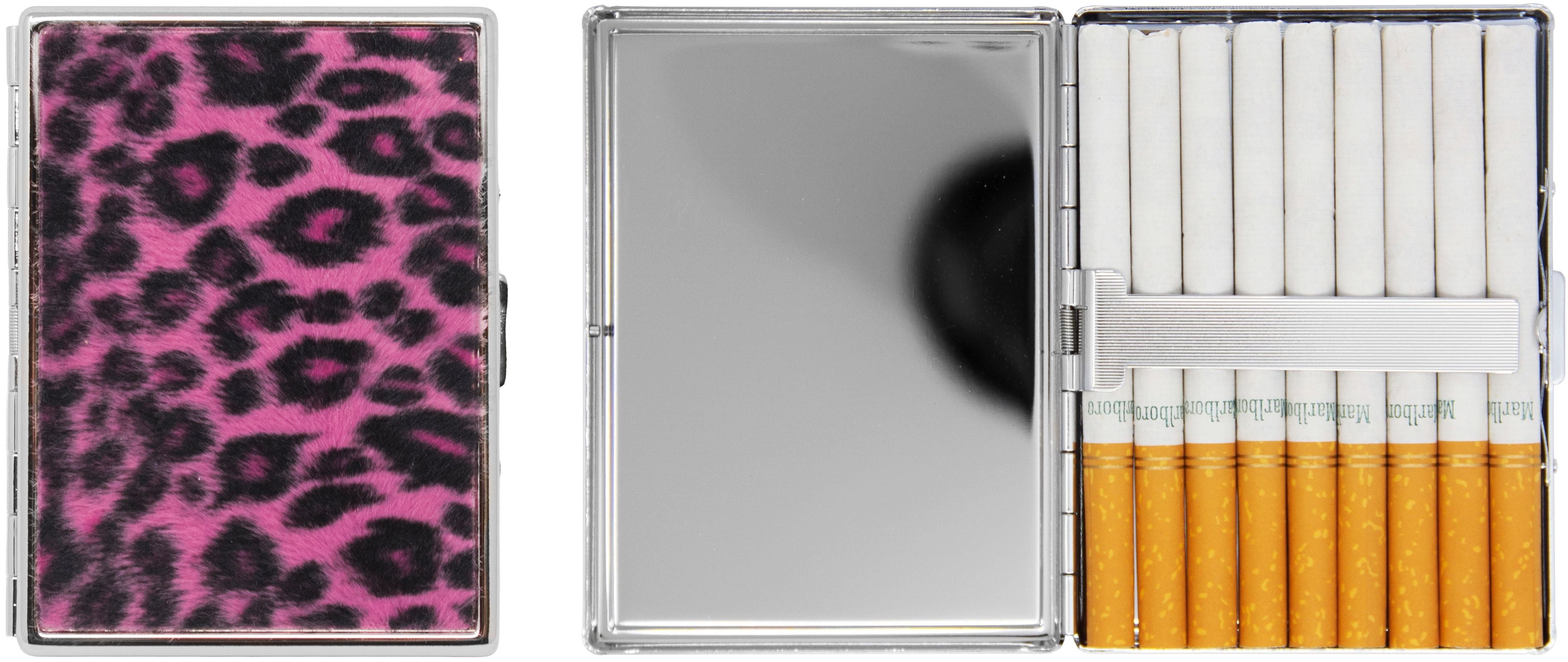 Set of 2 Metal-Plated 100s Ultra Compact Cigarette Case With Insert (Faux  Pink Leopard Print Fur)