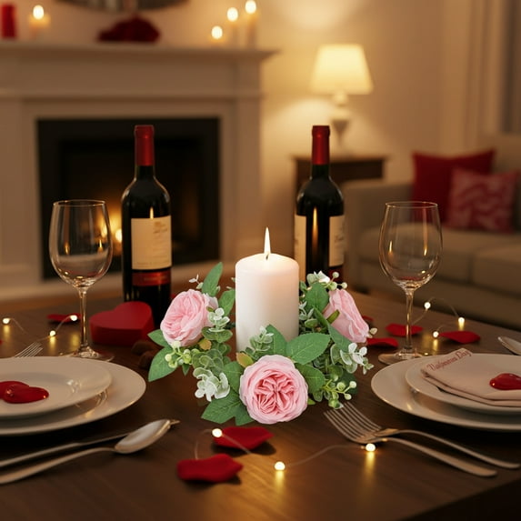 Faux Austen Rose Garland Candle Ring - Plastic Simulated Floral Wreath for Candle Cup Decoration, Party Wedding Decor, and Table Centerpieces