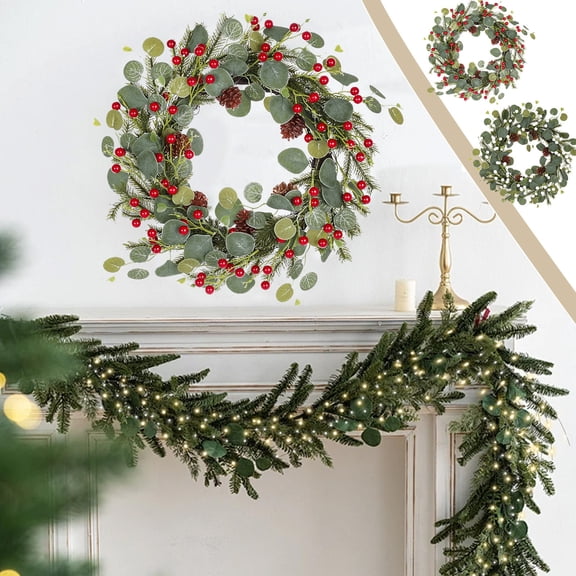 Faux Berry Pinecone, Christmas Holiday Wreath, Home Decor, Glitter Frosted Branches, Indoor Outdoor Front Door, Berry Cluster | Red KTFgvq