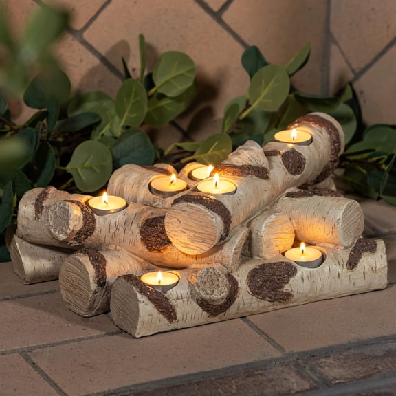 Faux Birch Fireplace Candle Holder Log Set Holds 8 Candles Birch-1
