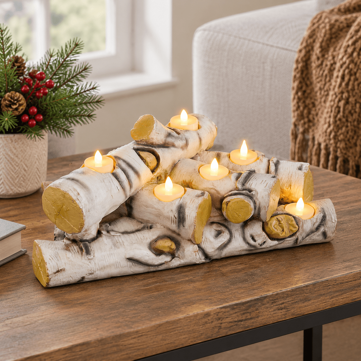 Faux Birch Fireplace Candle Holder Logs With 8 Led Tea Lights - Walmart.com