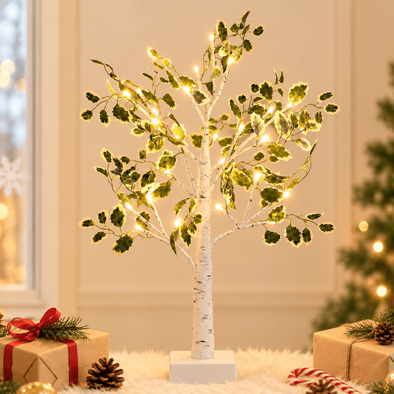 PUCACHI 2FT Lighted Birch Tree, Faux Tabletop Christmas Decor with 24 Warm White LEDs, Flexible Branches, 4H/6H/8H Timer, USB or Battery Powered for Indoor Christmas, Home & Wedding Decor