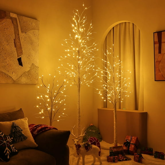 LED Birch Tree Light Set - 4ft, 6ft, 8ft Artificial Pre-lit Trees - with Plug-in Warm Lights - Indoor Outdoor Christmas Holiday Wedding Decor for Home Party (3-Pack)