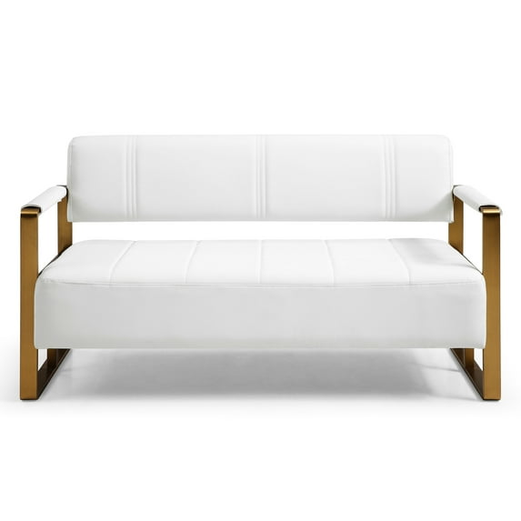 Faux Bonded Leather 2 Seater For Living Room, Golden Arms, Padding 57.9" Width Room - Leather, White, With Metal Compact Space