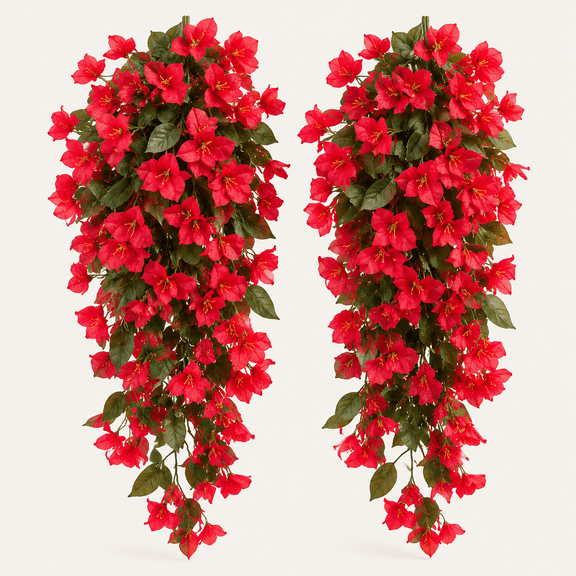 Faux Bougainvillea Artificial Flowers Plants for Outdoor Outside Decoration, Red Fake Flowers UV Resistant Look Real Silk Long Trailing Vines for Front Door Porch Planter Urn Patio Garden Yard