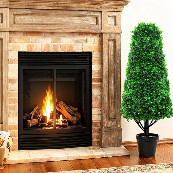 Faux Boxwood Cone Tree 33.1 Inch Set of 2, No Watering No Pruning, UV-resistant Fade-proof, Ready to Use Out of Box, for Porch or Office