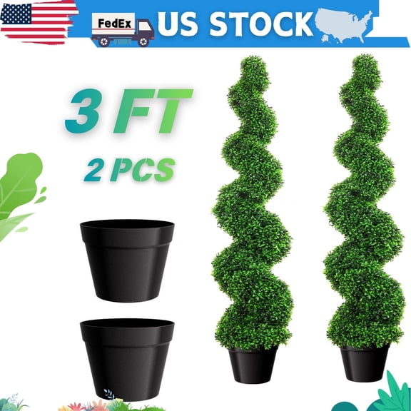 Faux Boxwood Spiral Topiary Plant, 3ft (2 Pieces), All-Year Green Fake Potted Plant, Odorless, Easy Installation, Anti-rust Steel Frame for Sunroom, Conservatory