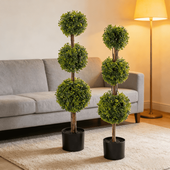 Faux Boxwood Topiary Trees Set of 2 Triple Ball Artificial Plants 45In UV Resistant PVC Indoor Outdoor Decor for Porch Entryway Patio Living Room Office Hotel Lobby Wedding Home Decor No Maintenance