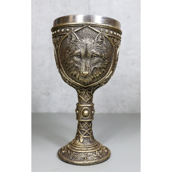 Faux Bronze Alpha Gray Wolf Celtic Tribal Knotwork Wine Chalice Goblet Cup