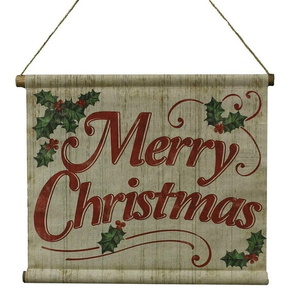 Faux Burlap Merry Christmas Scroll - 11" x 10", Wreath, Door Hanger Sign, Holly, Indoor, Outdoor, Front Door Decor