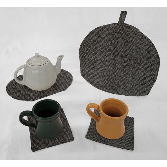 Faux Burlap Tea Pot Cozy & Coaster Set (Black/Gray)