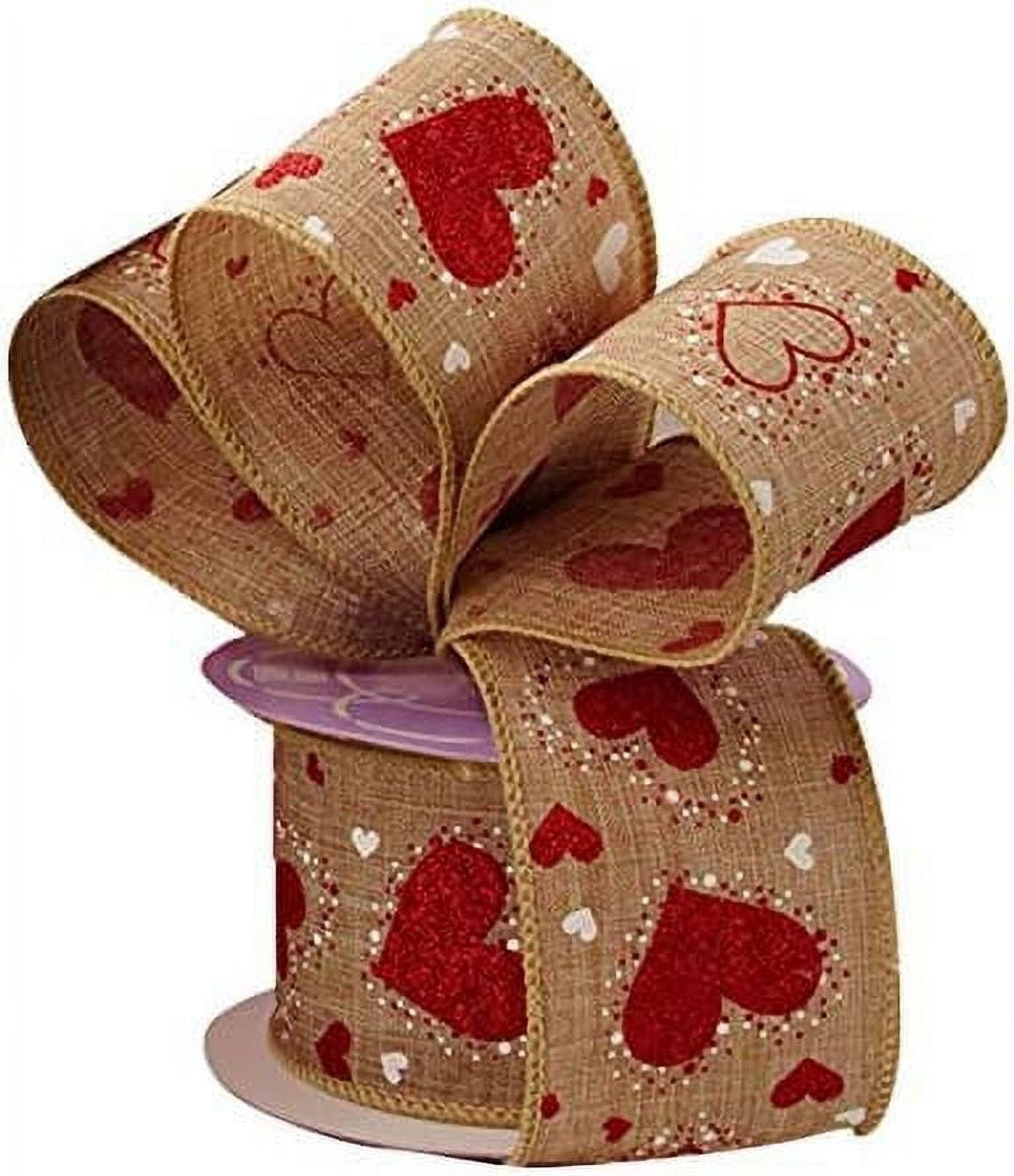 GIFTWRAP ETC. Faux Burlap Valentine Hearts Ribbon - 2 1/2" x 10 Yards, Metallic Red White Glitter Hearts on Natural Wire Edged Ribbon, Christmas, Valentines Day
