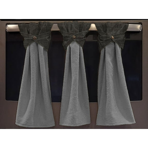 Faux Burlap Wraparound Snap Hanging Towels (Set of 2) by Penny's Needful Things (Black/Gray) (Terrycloth Color: Gray)