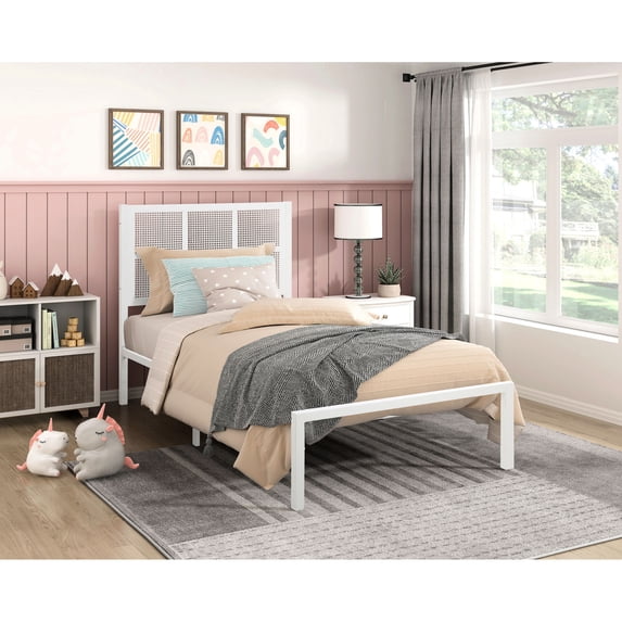 Faux Cane Headboard Metal Bed | Suits Coastal Bedroom Needs | No Box Spring for Convenience