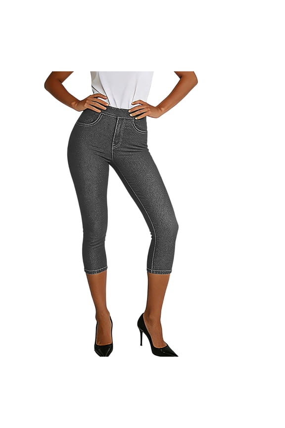 Faux Capri Jeans For Women Stretch High Rise Elastic Waist Pull On Pants Petite Length Leggings with Pockets Work Cropped Pants
