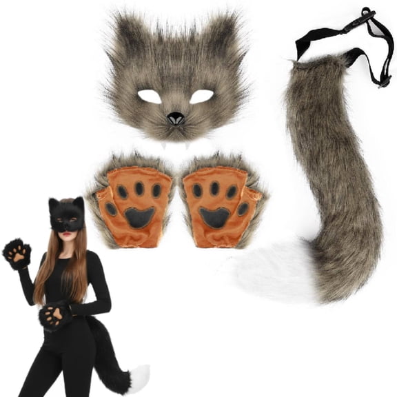 Faux Cat Wolf Mask Tail And Gloves Set, Foxtail Fluffy Cat Wolf Mask And Paw Gloves Cosplay Costume Animal for Christmas