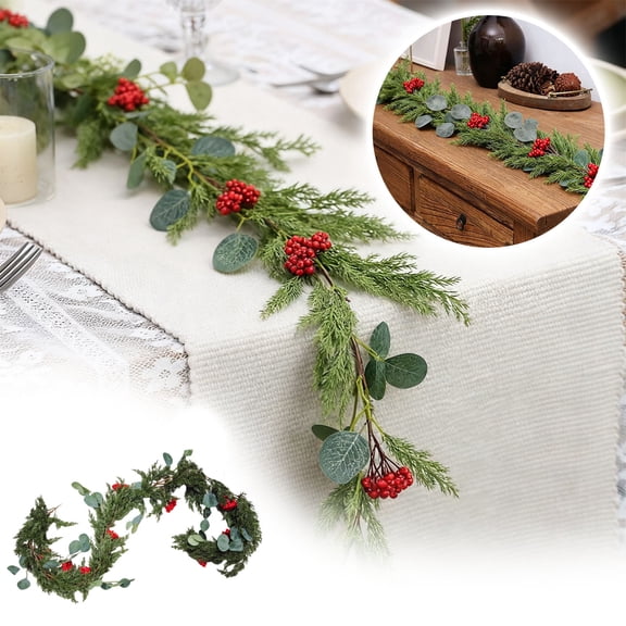 Cedar Garland and Artificial Pine Greenery Realistic for Christmas Holiday Winter Decoration, Outdoor Indoor Garland for Stairs Mantle Fireplace Porch Table Wall Home Decor