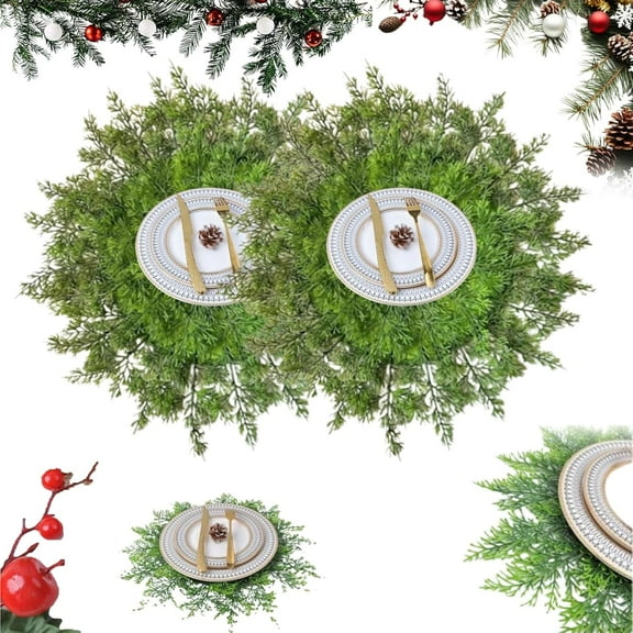Faux Cedar Placemats, Faux Cedar Greenery Placemats Round, 15 Inch Christmas Artificial Pine Branch Placemat, Washable Winter Place Mats, Christmas Placemats for Holiday Party Dining
