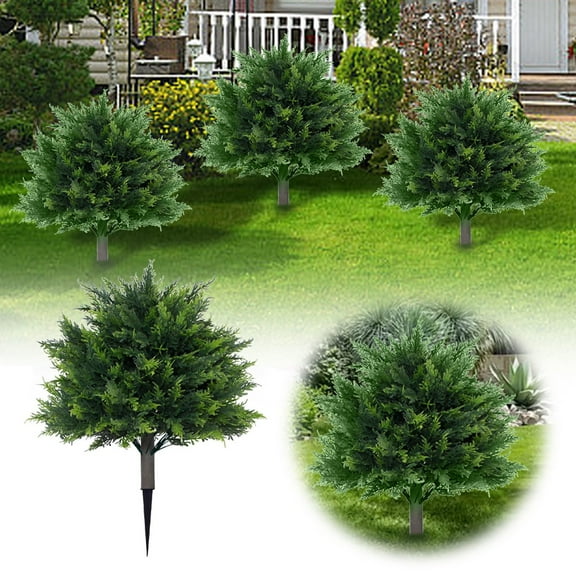 23.62" Artificial Cedar Topiary Ball Trees with Ground Spike â UV-Resistant Shrubs for Outdoor & Indoor Decor â Evergreen Bushes for Porch, Garden & Landscaping â All-Season Durable Gift