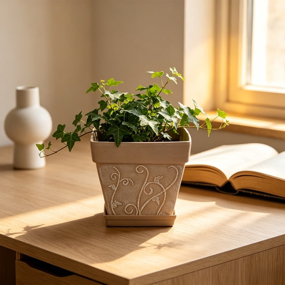 Faux Ceramic Planters for Indoor Plants with Saucer, 8 inch Vintage Ice Crack Glaze Plant Pots with Drainage Holes, Decorative Flower Pots for Outdoor Garden Home Decor