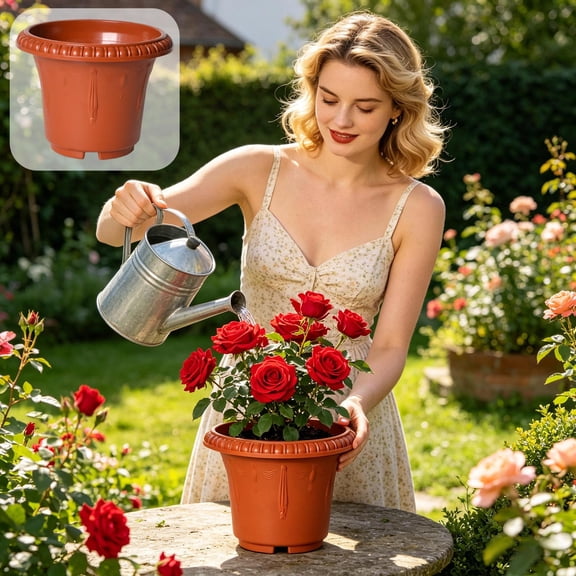 Faux Ceramic Round Plastic Planter, 5.51x4.33 Inch Decorative Flower Pot with Matching Base Tray for Home Garden Planting, 1-Pack
