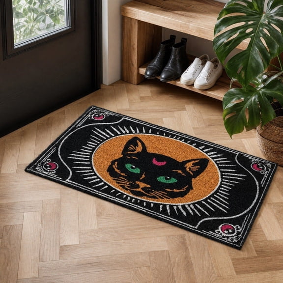 Faux Coir Witch Halloween Doormat, Vintage Green Eye Witch Themed Entry Rug, Bohemian Non Slip Welcome Mat for Front Door Yard Entryway Halloween Home Decor, Colorful