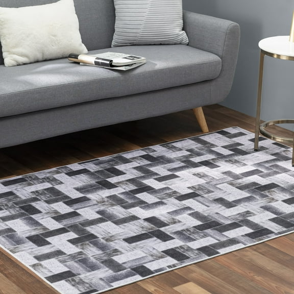 Faux Cowhide Contemporary Area Rug 5x8 Patchwork Off the Blocks Polyester Rug With Cotton-Canvas Backing