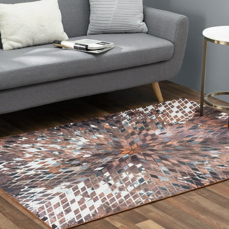 Faux Cowhide Contemporary Area Rug 6x9 Patchwork Supernova Eruption Polyester Rug With Cotton-Canvas Backing