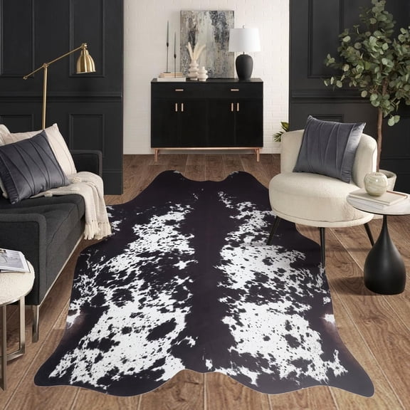 Faux Cowhide Rug 4.6x5.2ft Cow Rugs Small Area Carpet Print Rug Western Room Decor for Living Room Bedroom (Black&White)