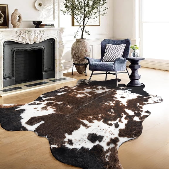 Faux Cowhide Rug 4 Feet 6 Inches by 5 Feet 2 Inches Brown and Black Animal Print Washable Fluffy Area Rug